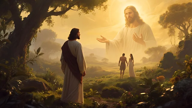 Rev 3:14 illustration: Jesus in a garden, a great figure of light above Adam and Eve