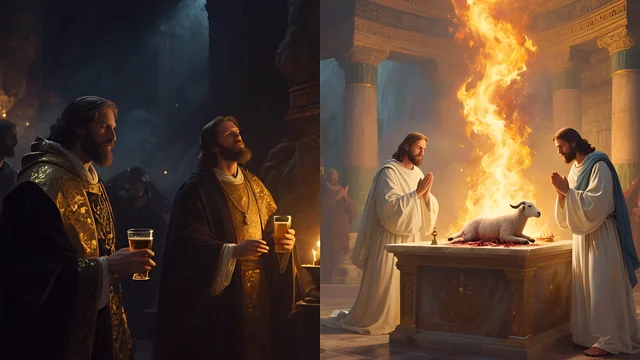 Rev 3:16 illustration: Two panels: priests drinking in darkness / Jesus at a fiery altar with a lamb