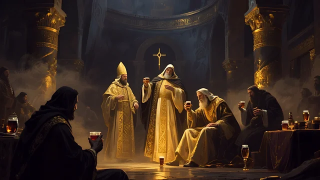 Rev 3:15 illustration: Clergy drinking at a dim banquet