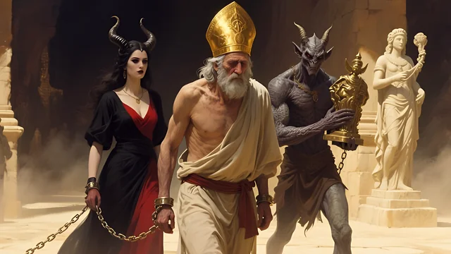 Rev 3:17 illustration: A horned woman and a demon leading a frail mitred man in chains, idol behind