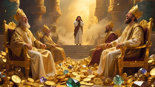Rev 3:17 illustration: Laughing clergy on thrones amid heaps of gold, a lone woman in the centre