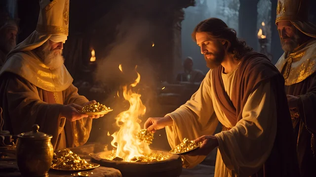 Rev 3:18 illustration: Jesus refining gold in fire before clergy