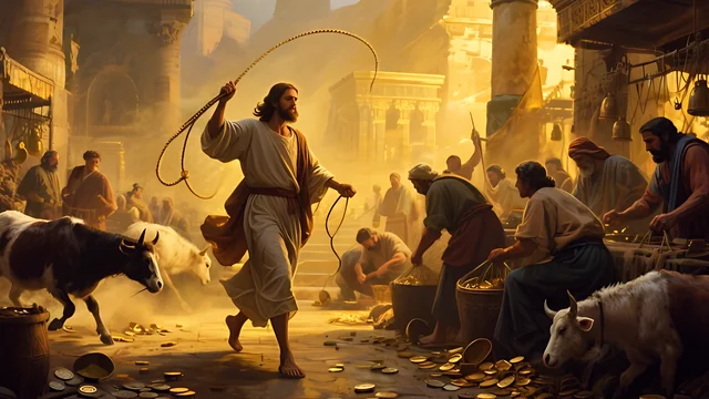Rev 3:19 illustration: Jesus with a whip driving out money-changers and animals