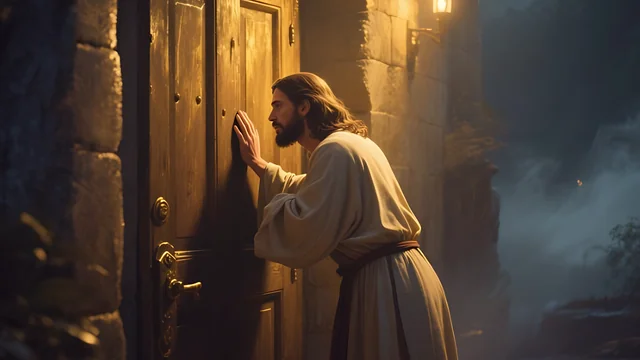 Rev 3:20 illustration: Jesus knocking at a heavy door at night