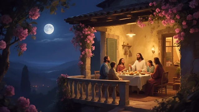 Rev 3:20 illustration: Jesus at supper with a family on a moonlit terrace