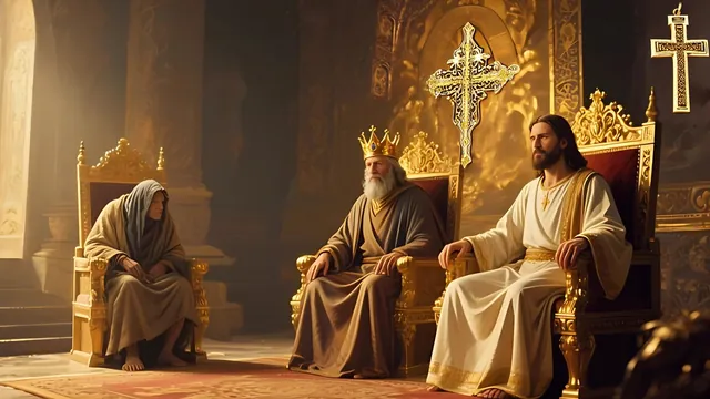 Rev 3:21 illustration: Jesus and a white-robed man on thrones beside an aged king; gold idols replaced with crosses